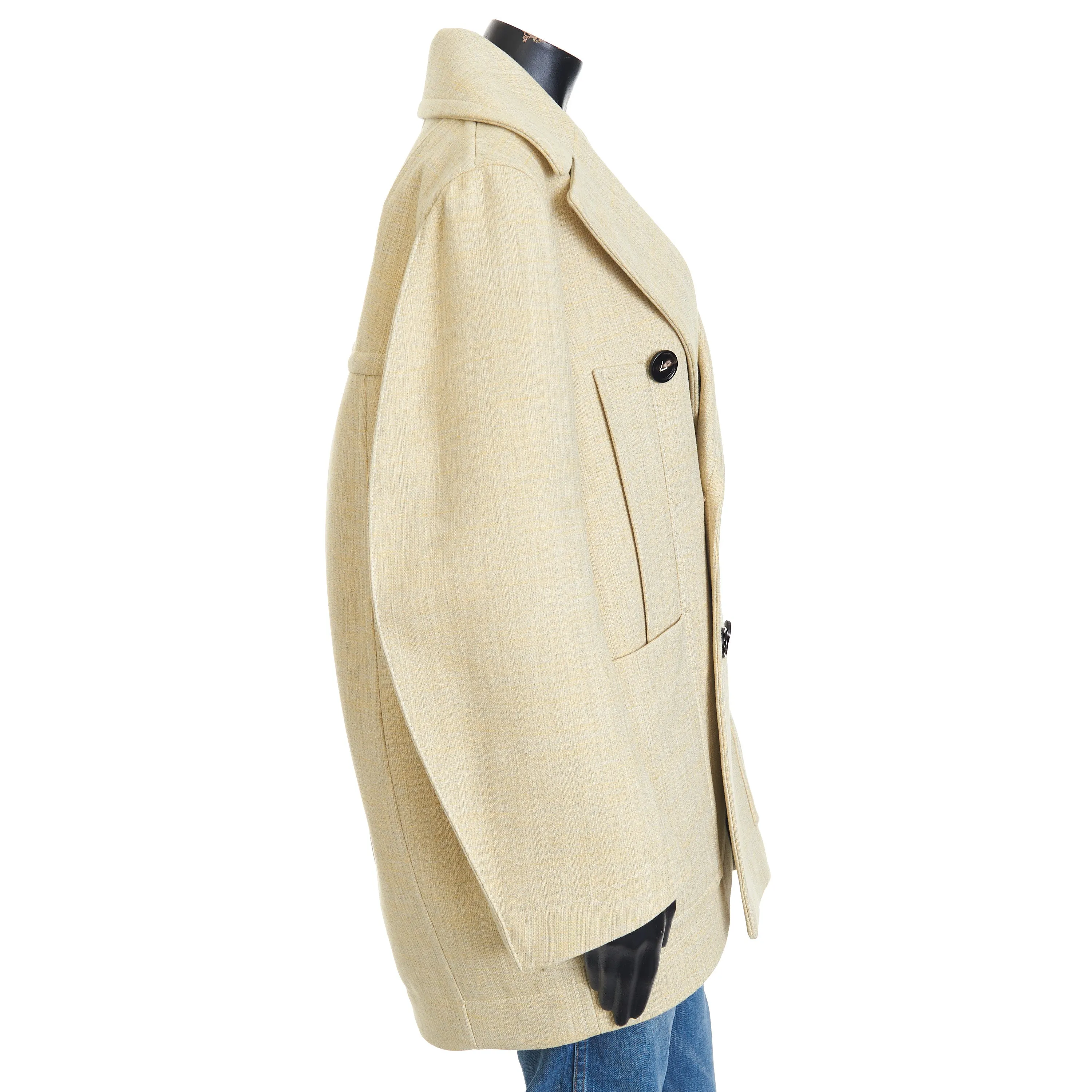 Curved Shape Double Wool Coat In Oatmeal Beige Melange Cotton & Wool Blend