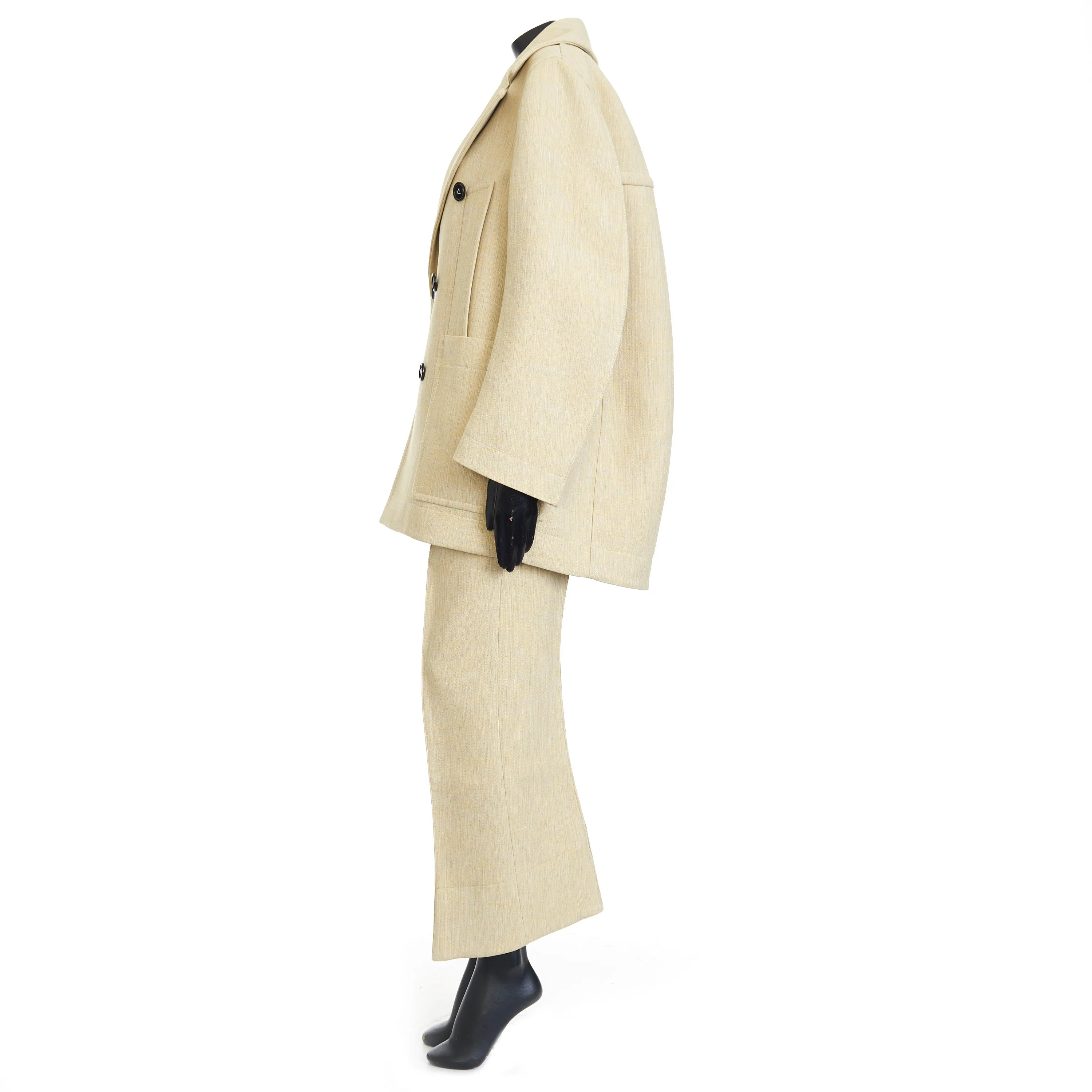 Curved Shape Double Wool Coat In Oatmeal Beige Melange Cotton & Wool Blend