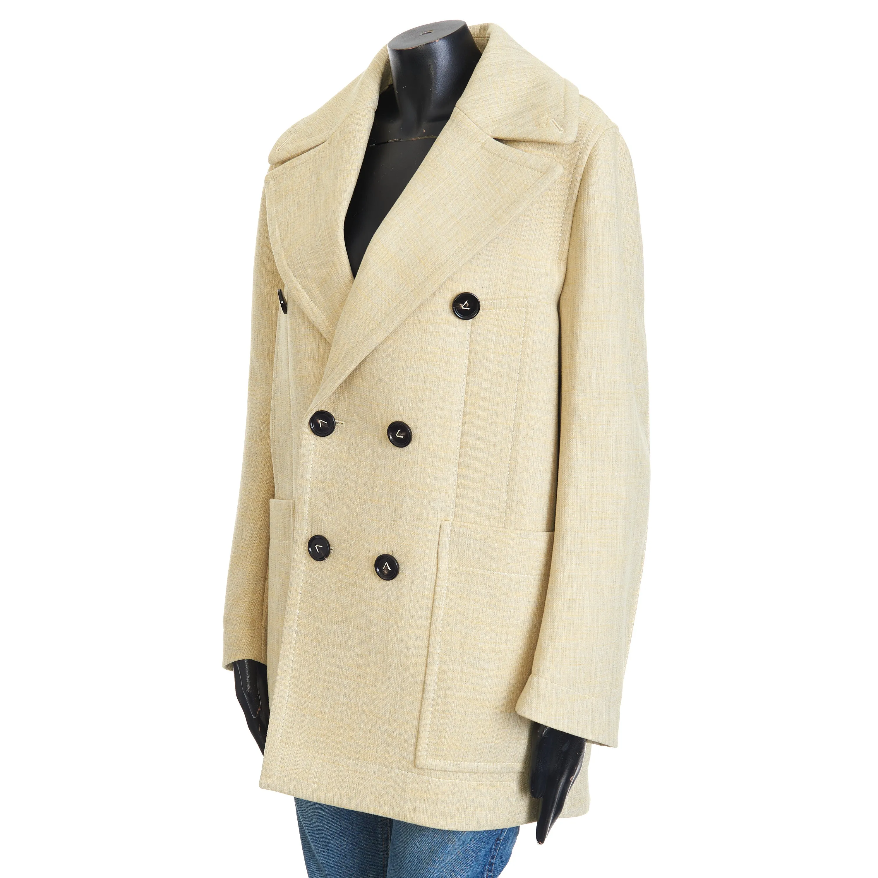 Curved Shape Double Wool Coat In Oatmeal Beige Melange Cotton & Wool Blend