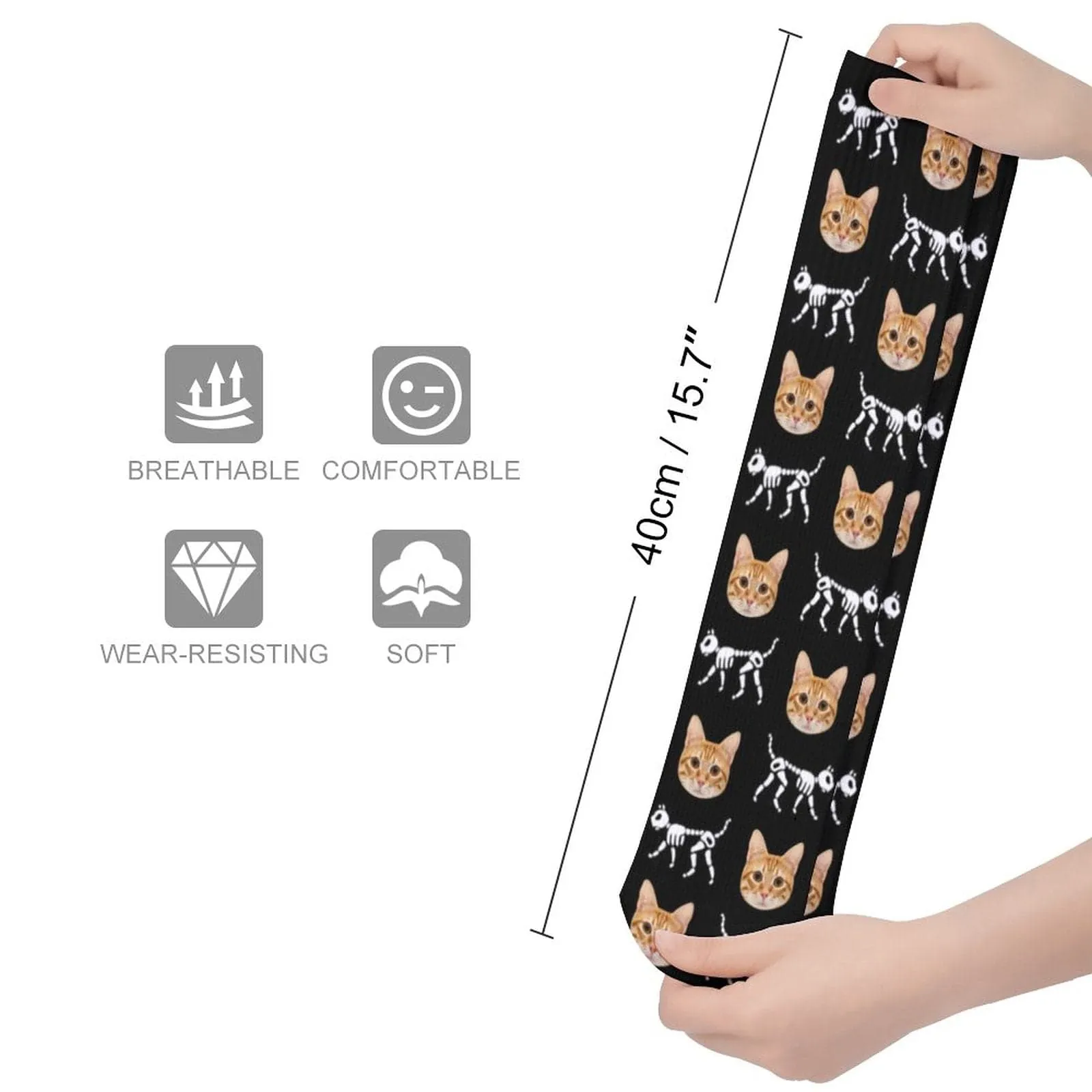 Custom Cat Face Sublimated Crew Socks Skeleton Socks Personalized Funny Photo Socks Gift for Halloween