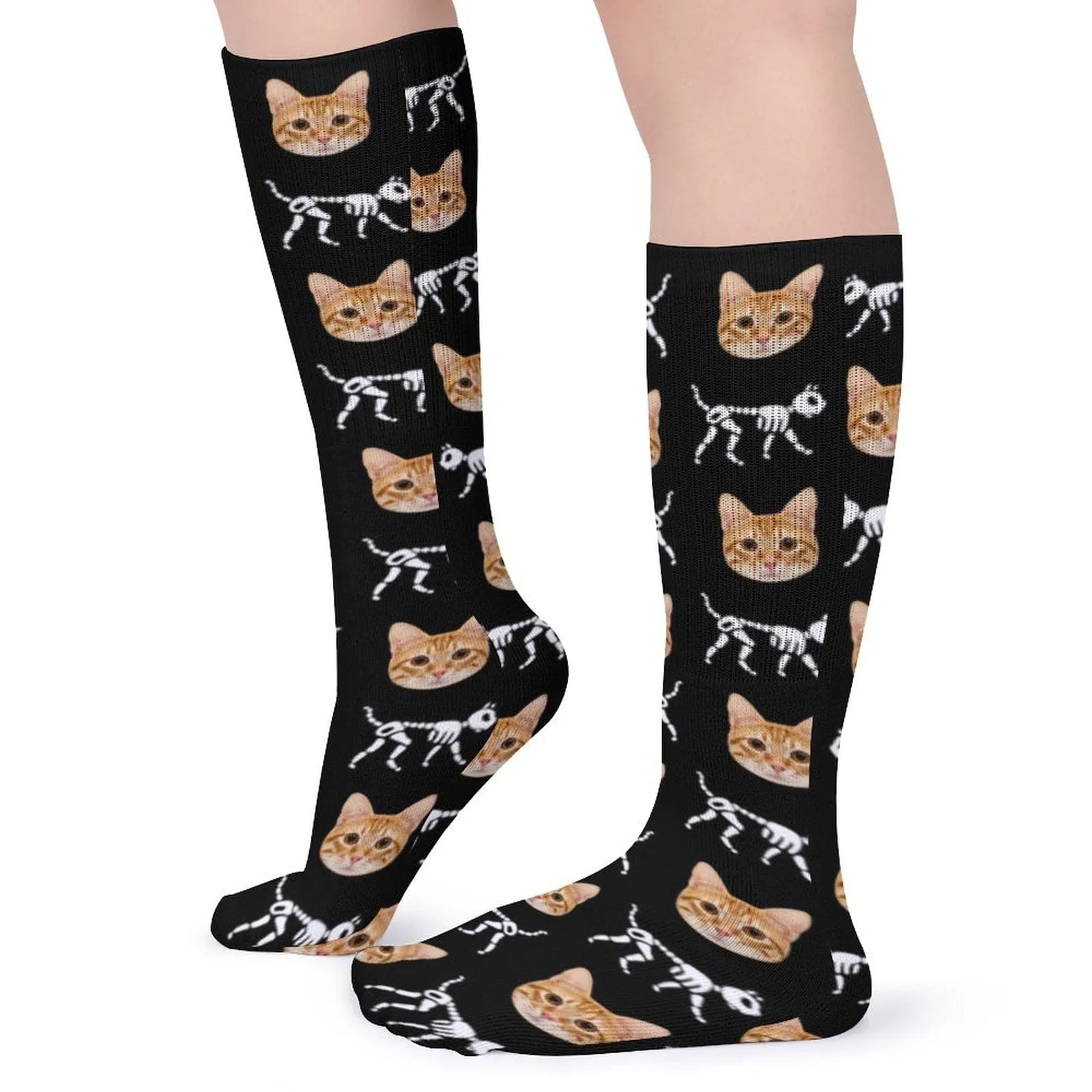 Custom Cat Face Sublimated Crew Socks Skeleton Socks Personalized Funny Photo Socks Gift for Halloween