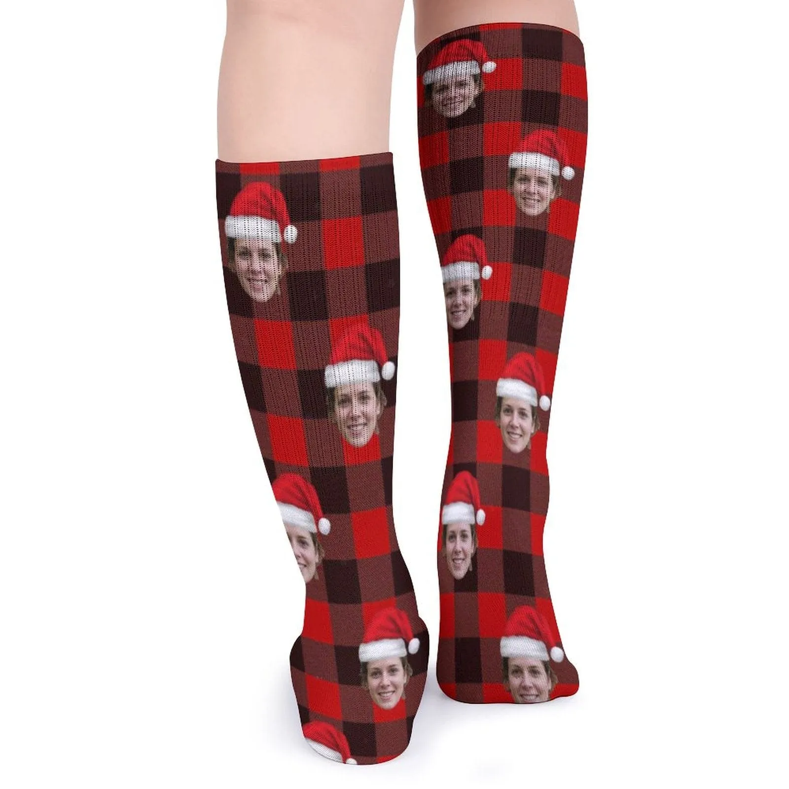 Custom Christmas Face Socks Red Plaid Personalised Face Printed on Socks Sublimated Crew Socks Christmas Gifts