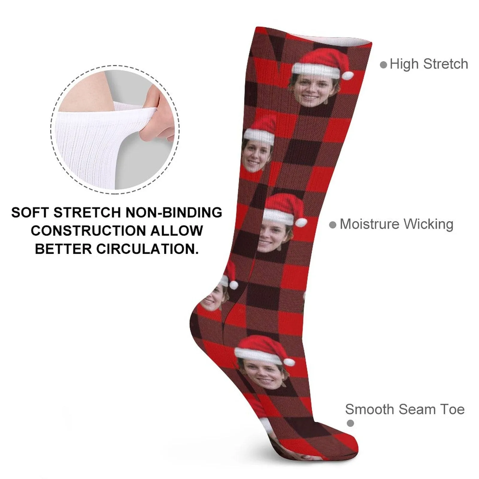 Custom Christmas Face Socks Red Plaid Personalised Face Printed on Socks Sublimated Crew Socks Christmas Gifts