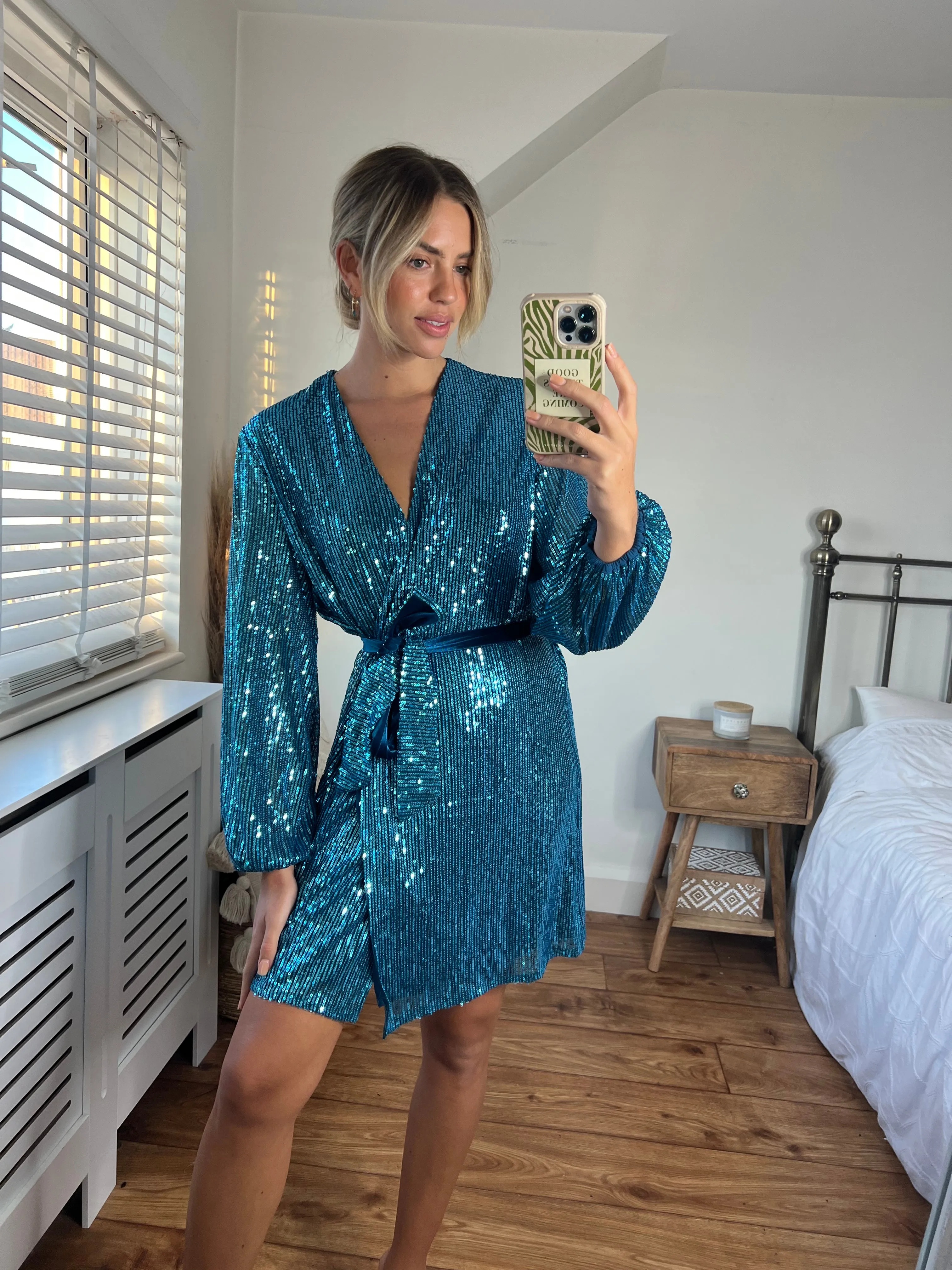 Dani Sequin Wrap Dress / Peacock Blue