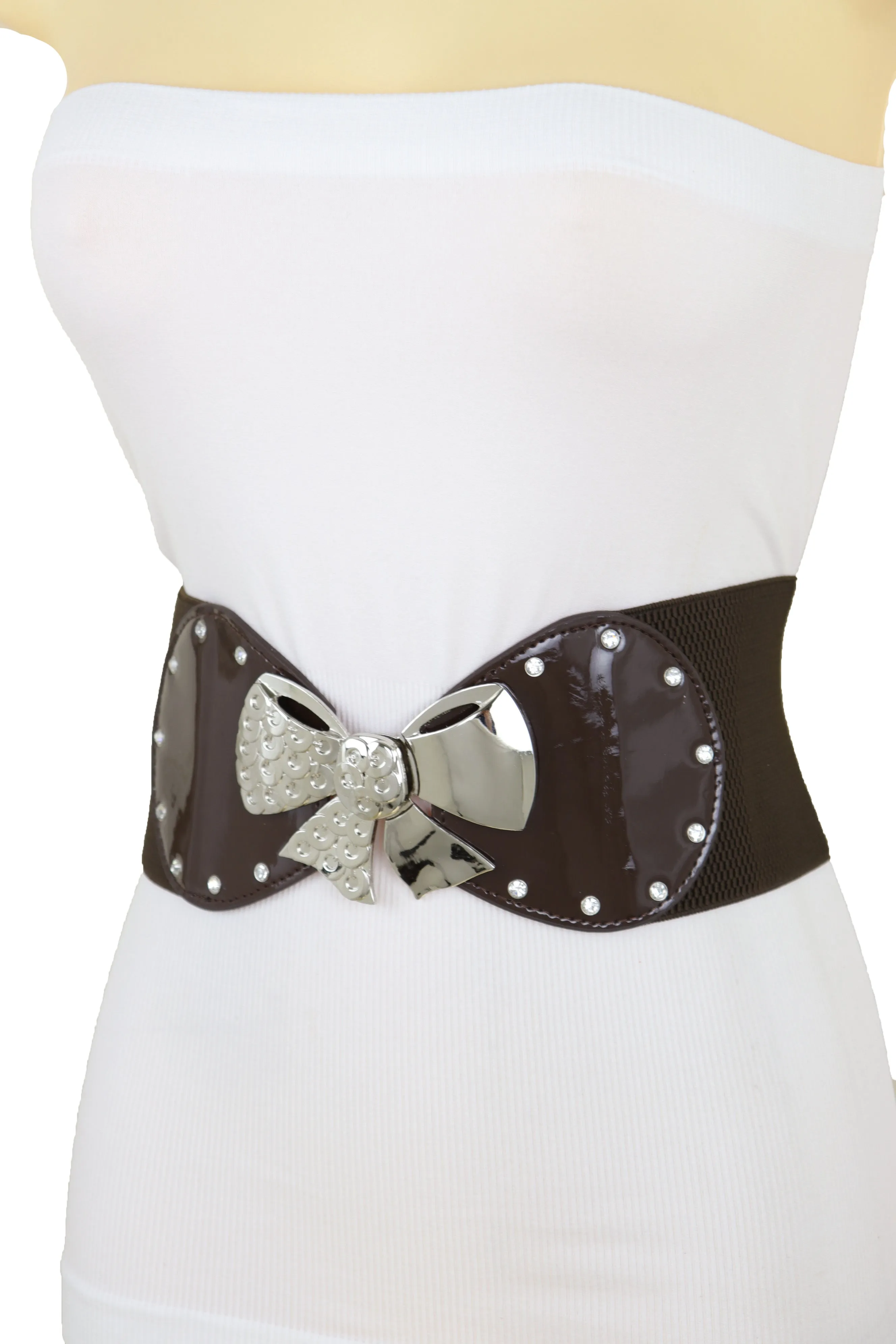 Dark Brown Wide Fashion Belt Silver Metal Bow Tie Ribbon Buckle Size S M