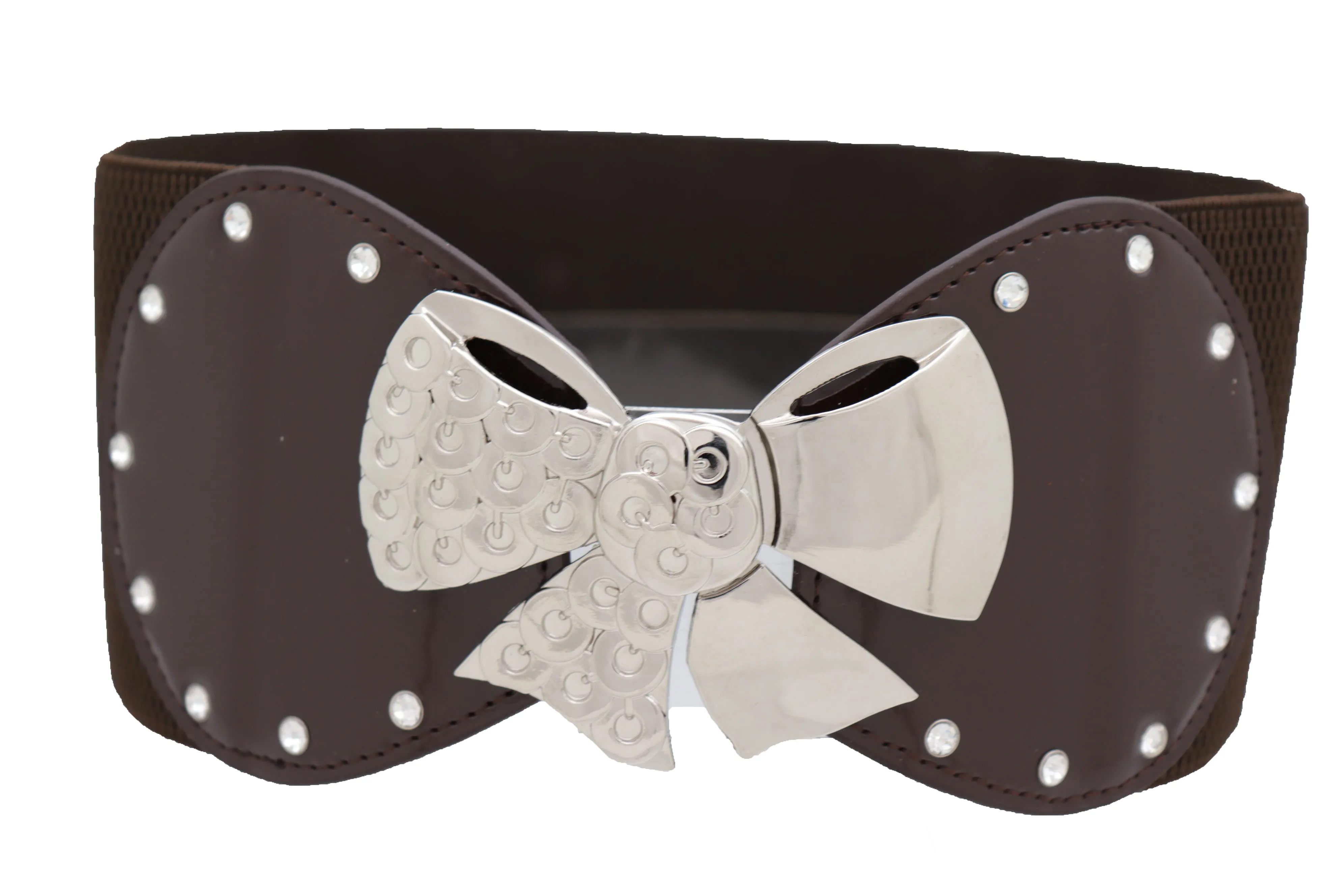 Dark Brown Wide Fashion Belt Silver Metal Bow Tie Ribbon Buckle Size S M