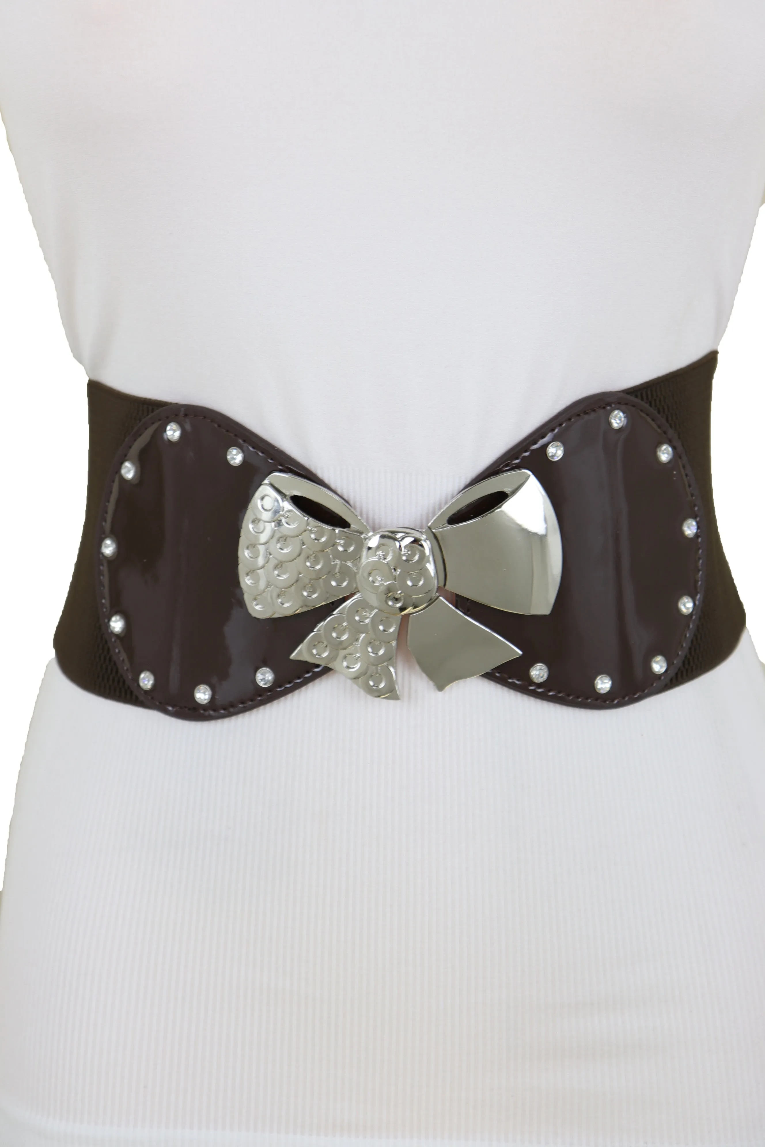 Dark Brown Wide Fashion Belt Silver Metal Bow Tie Ribbon Buckle Size S M