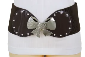 Dark Brown Wide Fashion Belt Silver Metal Bow Tie Ribbon Buckle Size S M