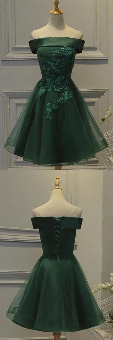 Dark Green Tulle Off Shoulder A Line Homecoming Dress with Appliques, SH414