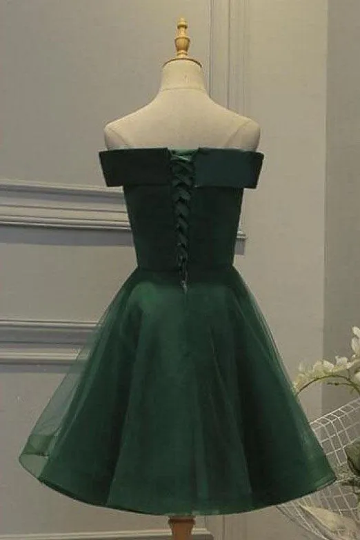 Dark Green Tulle Off Shoulder A Line Homecoming Dress with Appliques, SH414