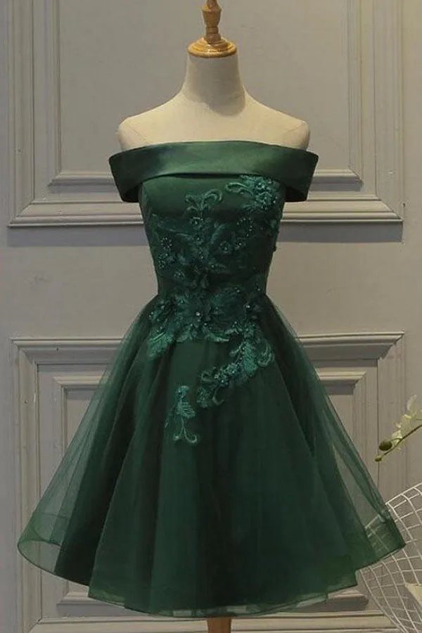 Dark Green Tulle Off Shoulder A Line Homecoming Dress with Appliques, SH414