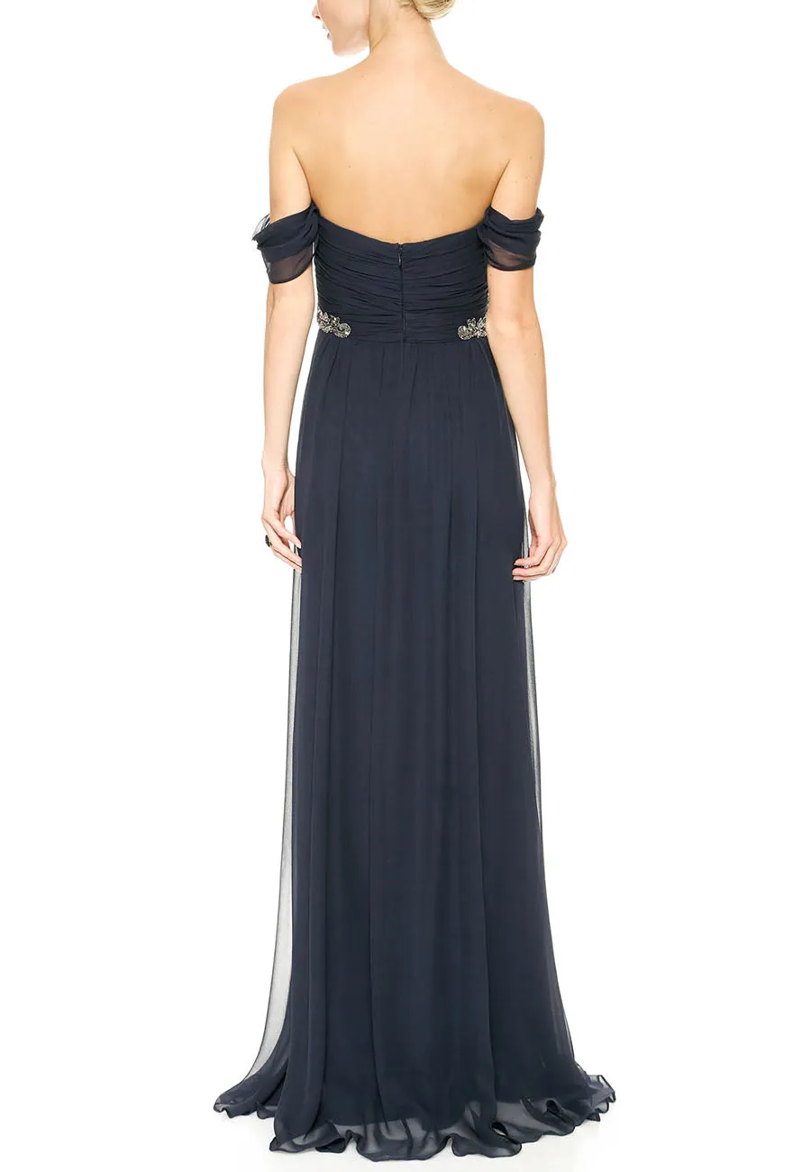 Dark Navy Off Shoulder Embellished Waist Gown