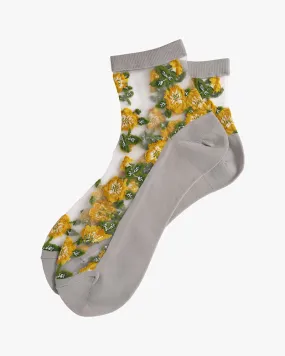 Debby Co., Ankle Socks, Andé Collection, Mesh Grey with Yellow Flowers