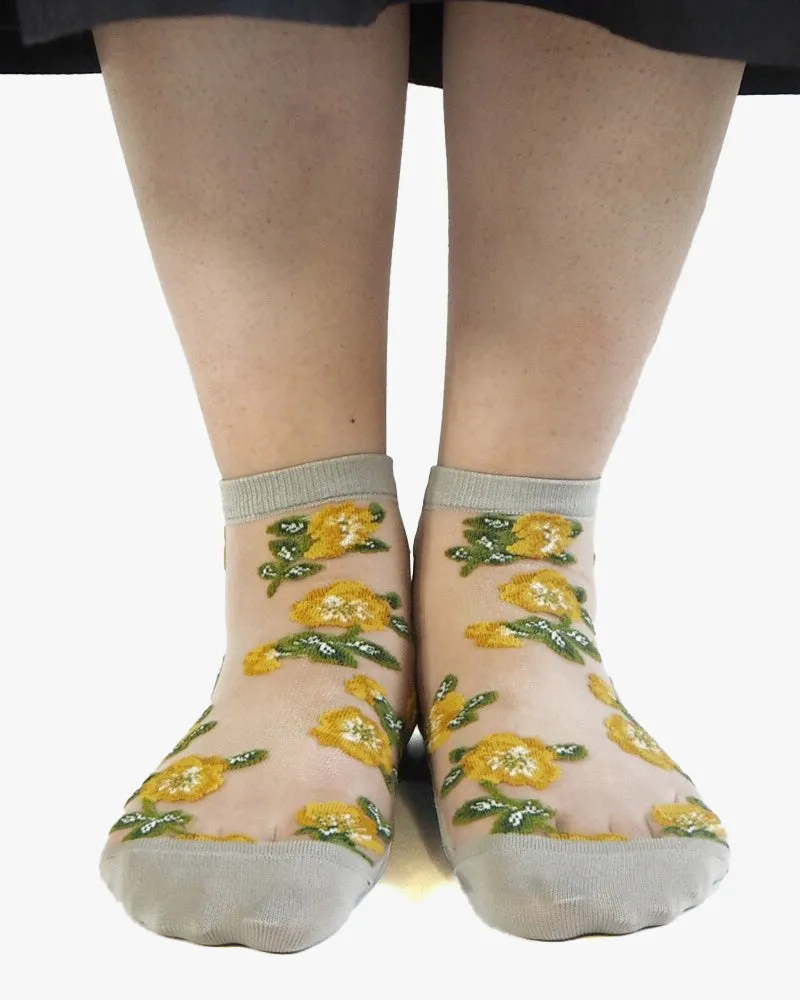 Debby Co., Ankle Socks, Andé Collection, Mesh Grey with Yellow Flowers