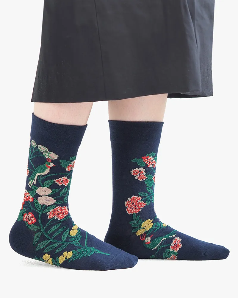 Debby Co., Crew Socks, Andé Collection, Indigo with Multi-Color Garden and Bird