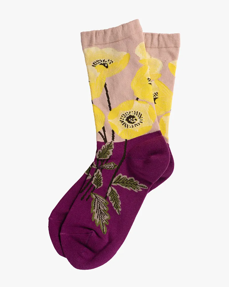 Debby Co., Crew Socks, Andé Collection, Magenta and Yellow Flowers