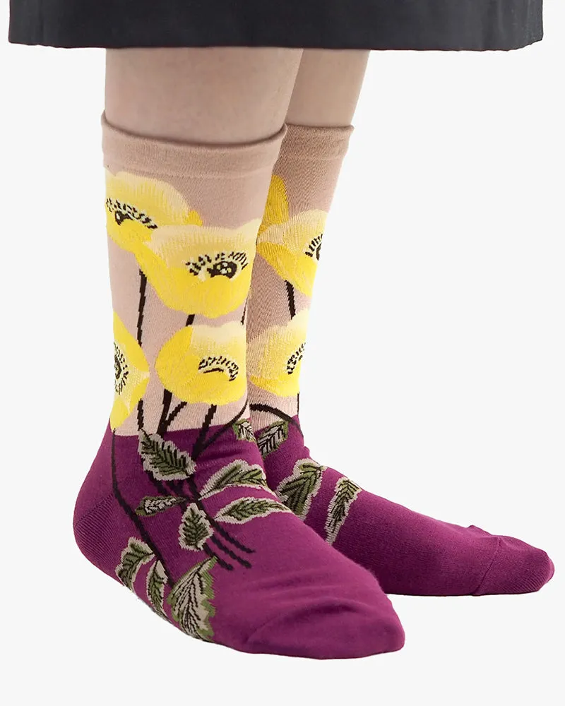 Debby Co., Crew Socks, Andé Collection, Magenta and Yellow Flowers