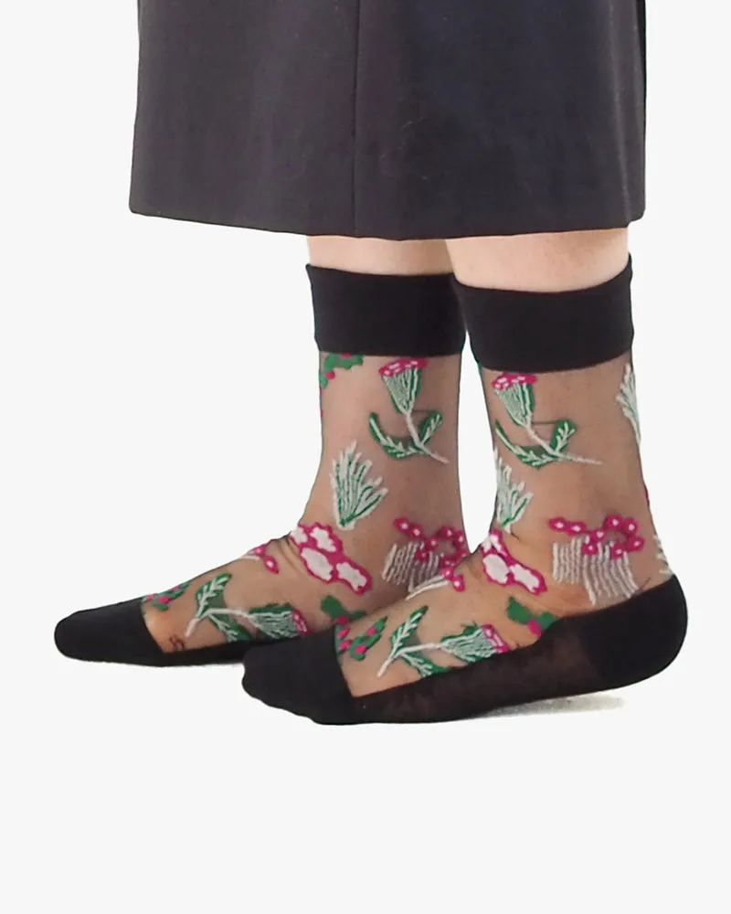 Debby Co., Crew Socks, Andé Collection, Mesh Black with Magenta Flowers