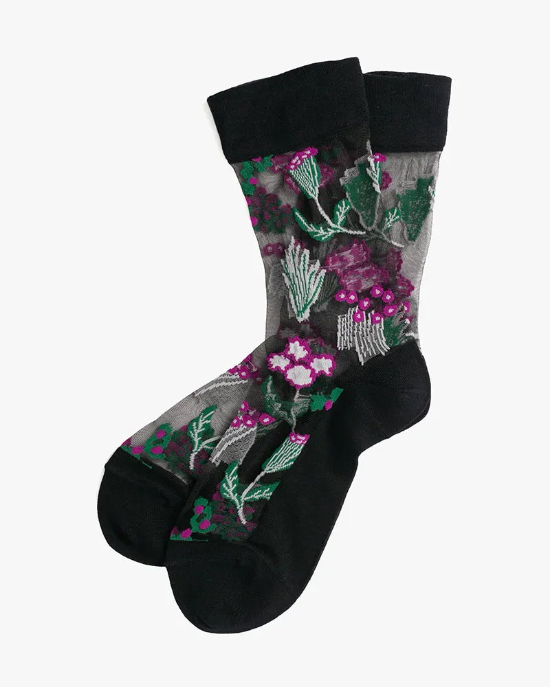 Debby Co., Crew Socks, Andé Collection, Mesh Black with Magenta Flowers