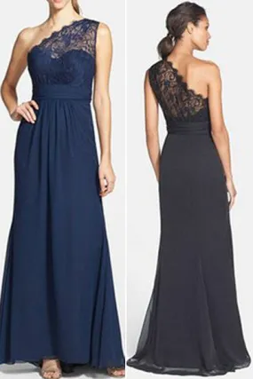 Decent Navy Blue Lace Chiffon One Shoulder A Line Floor-Length Bridesmaid Dresses,SVD491