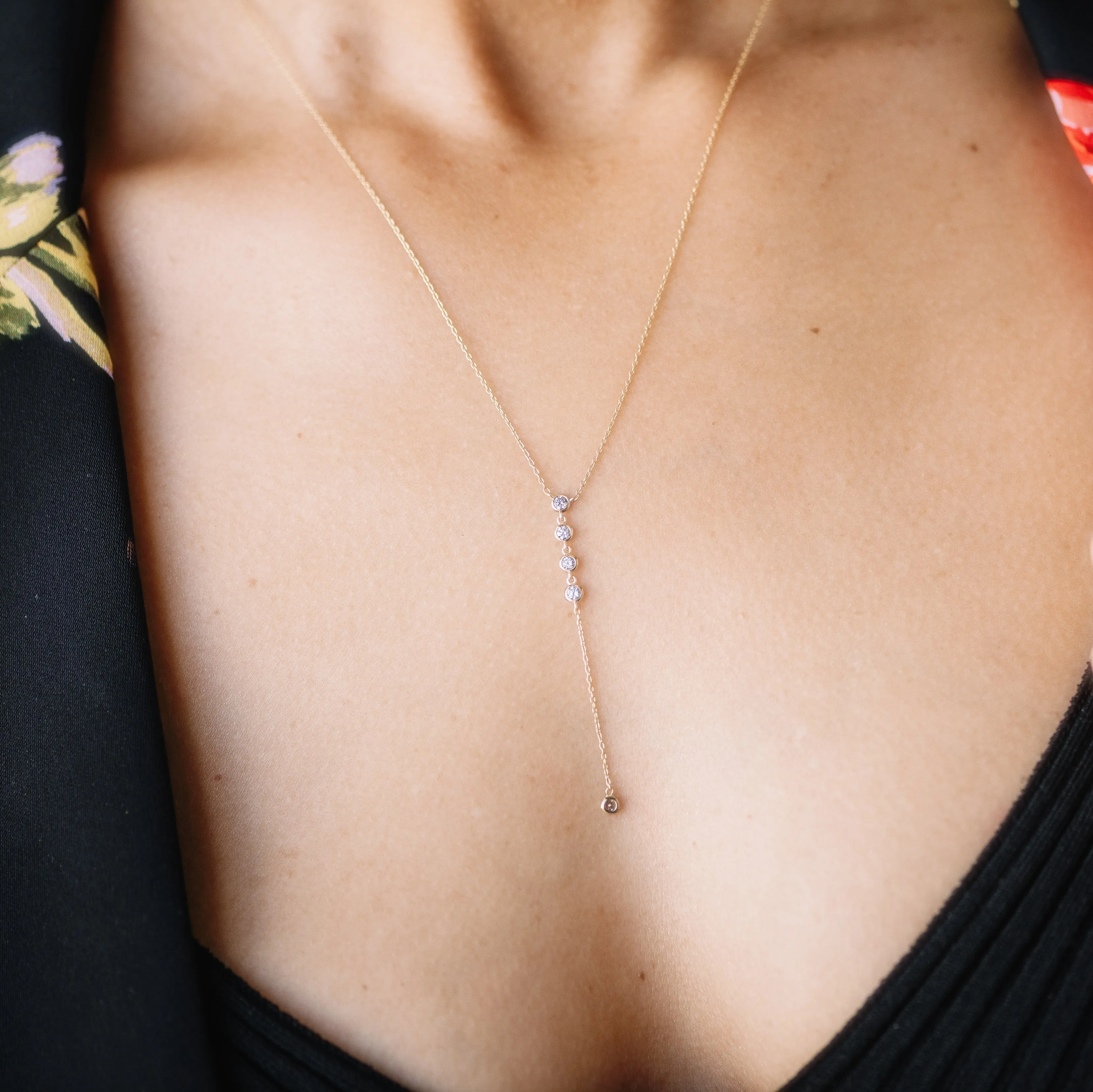 Diamond Bezel Lariat Necklace, 14k