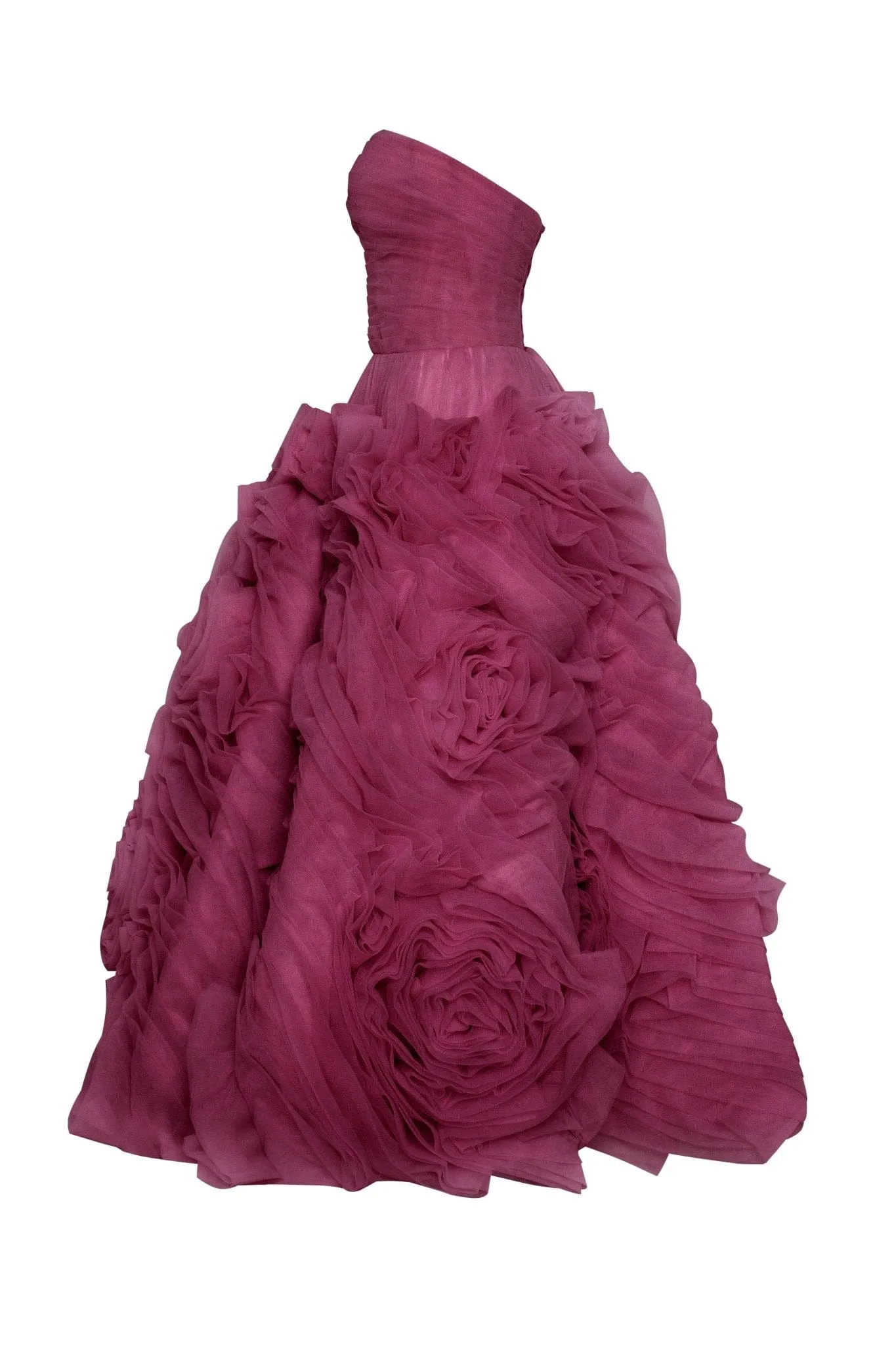 Dramatically flowered tulle dress in wine color