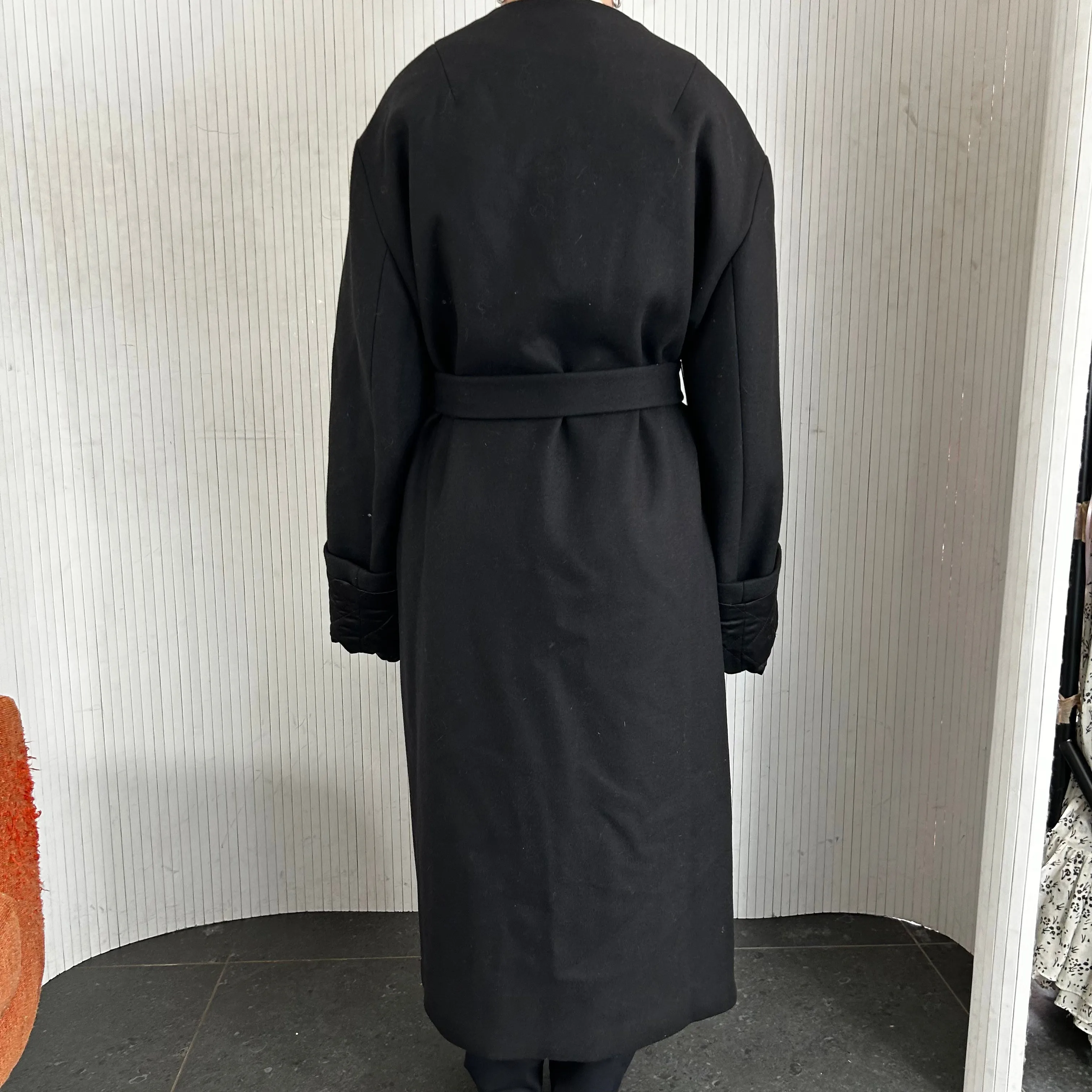 Dries Van Noten Black Wool Quilted Collarless Overcoat M/L