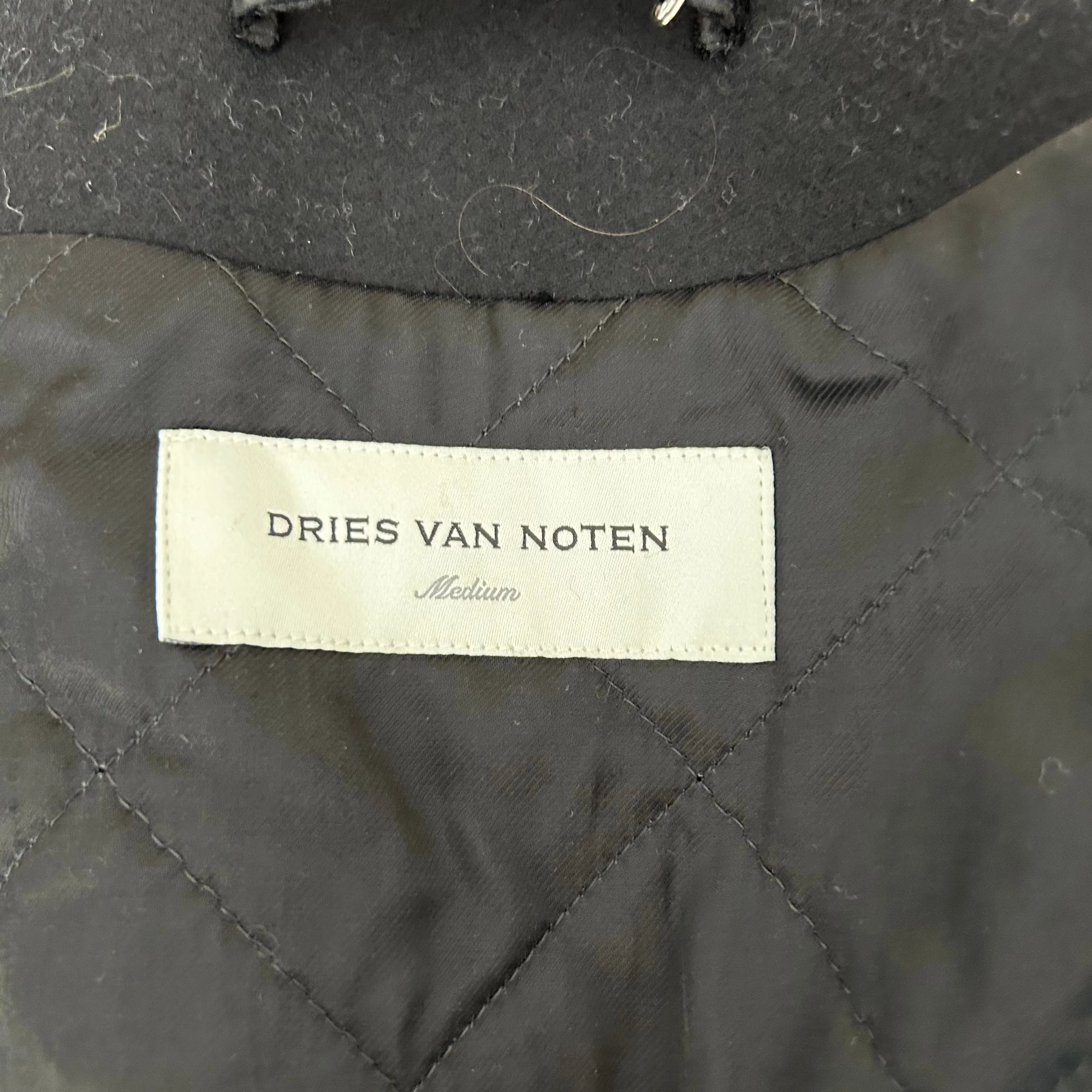 Dries Van Noten Black Wool Quilted Collarless Overcoat M/L