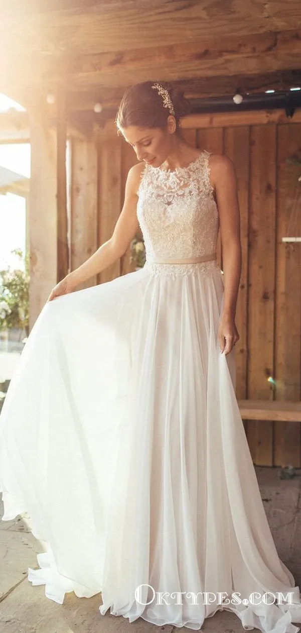 Elegant A-Line Round Neck White Chiffon with Lace,Beach Wedding Dresses, TYP1950