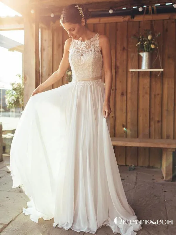 Elegant A-Line Round Neck White Chiffon with Lace,Beach Wedding Dresses, TYP1950