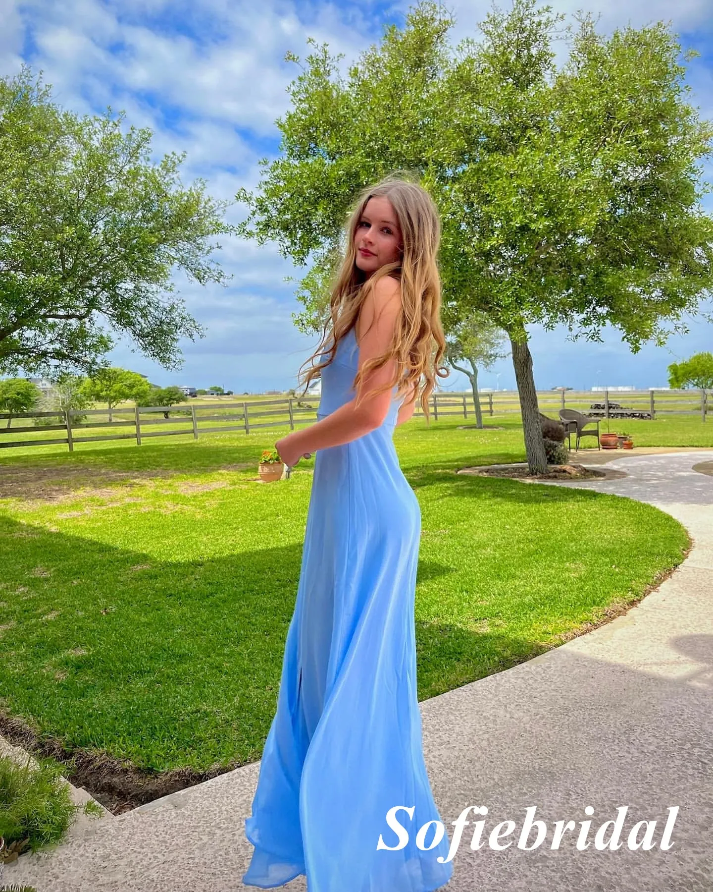 Elegant Blue Chiffon Spaghetti Straps Square Side Slit A-Line Floor Length Prom Dress, PD01044