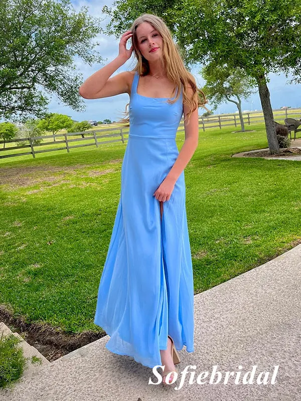 Elegant Blue Chiffon Spaghetti Straps Square Side Slit A-Line Floor Length Prom Dress, PD01044