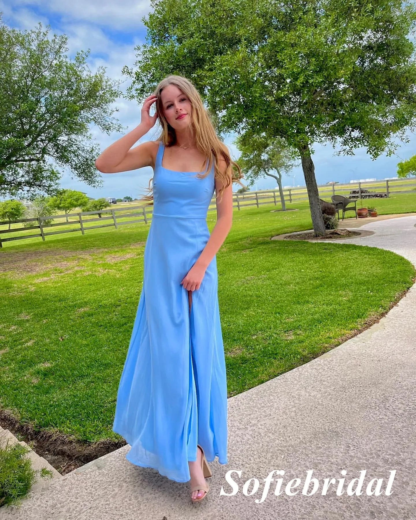 Elegant Blue Chiffon Spaghetti Straps Square Side Slit A-Line Floor Length Prom Dress, PD01044