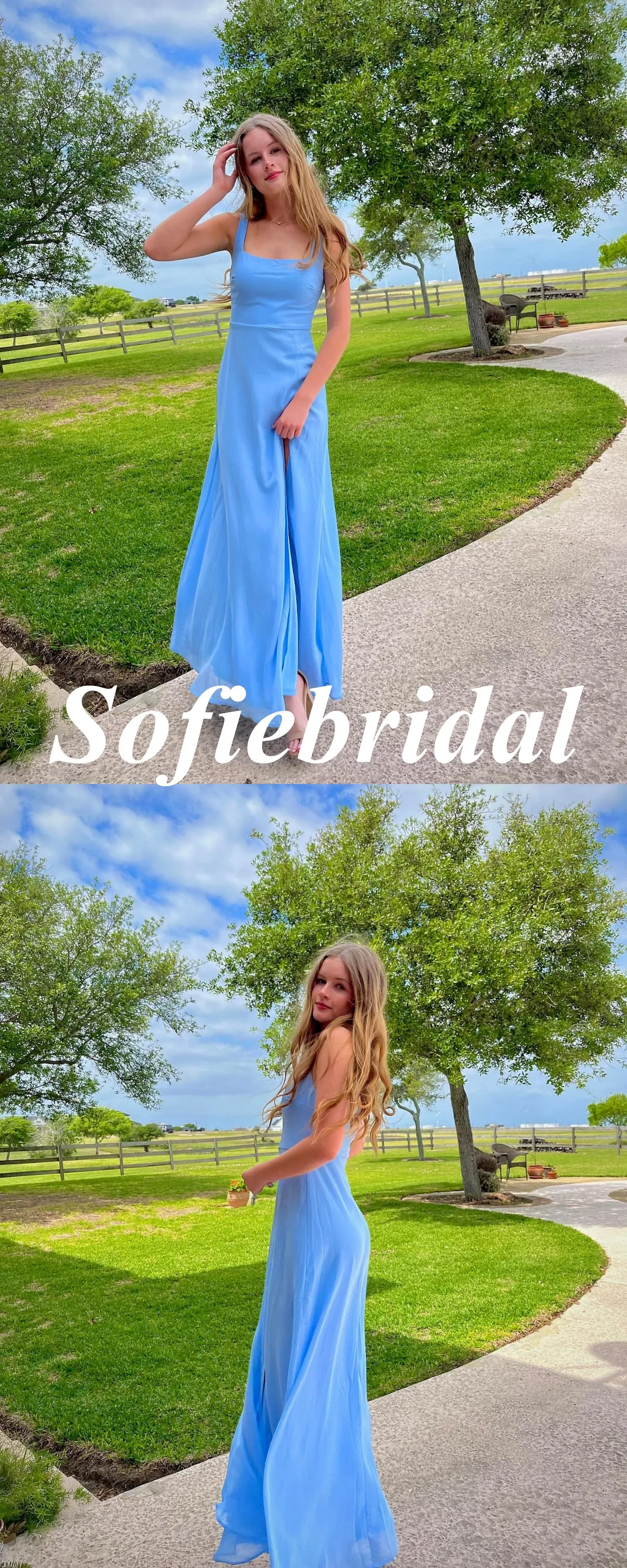 Elegant Blue Chiffon Spaghetti Straps Square Side Slit A-Line Floor Length Prom Dress, PD01044