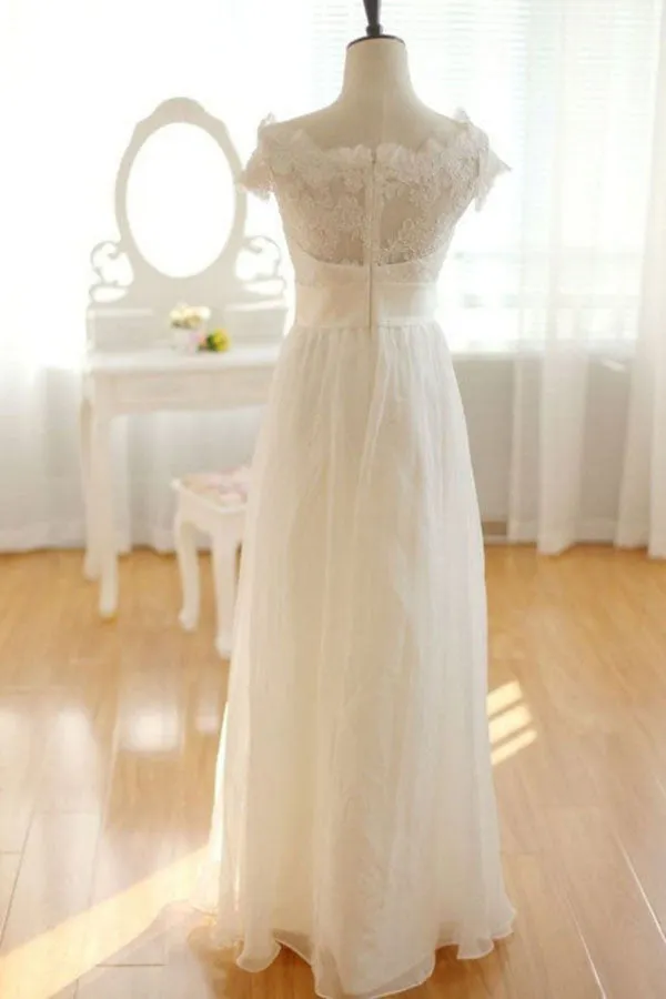 Elegant Chiffon Ivory Long Lace Wedding Dresses, Pretty Bridal Gown, SW103