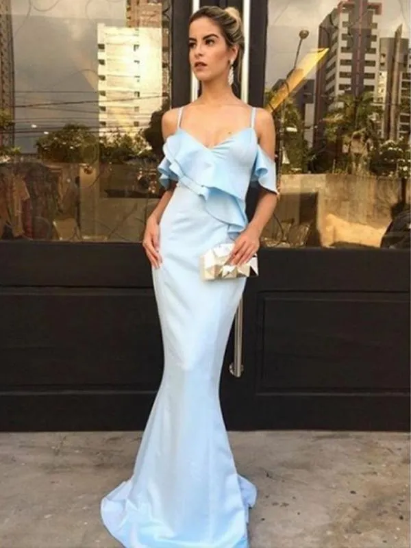 Elegant Mermaid Light Blue Elastic Satin Long Evening Party Prom Dresses