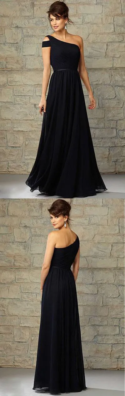 Elegant Navy Blue One Shoulder Chiffon Cheap Formal Floor-Length Bridesmaid Dresses,SVD469