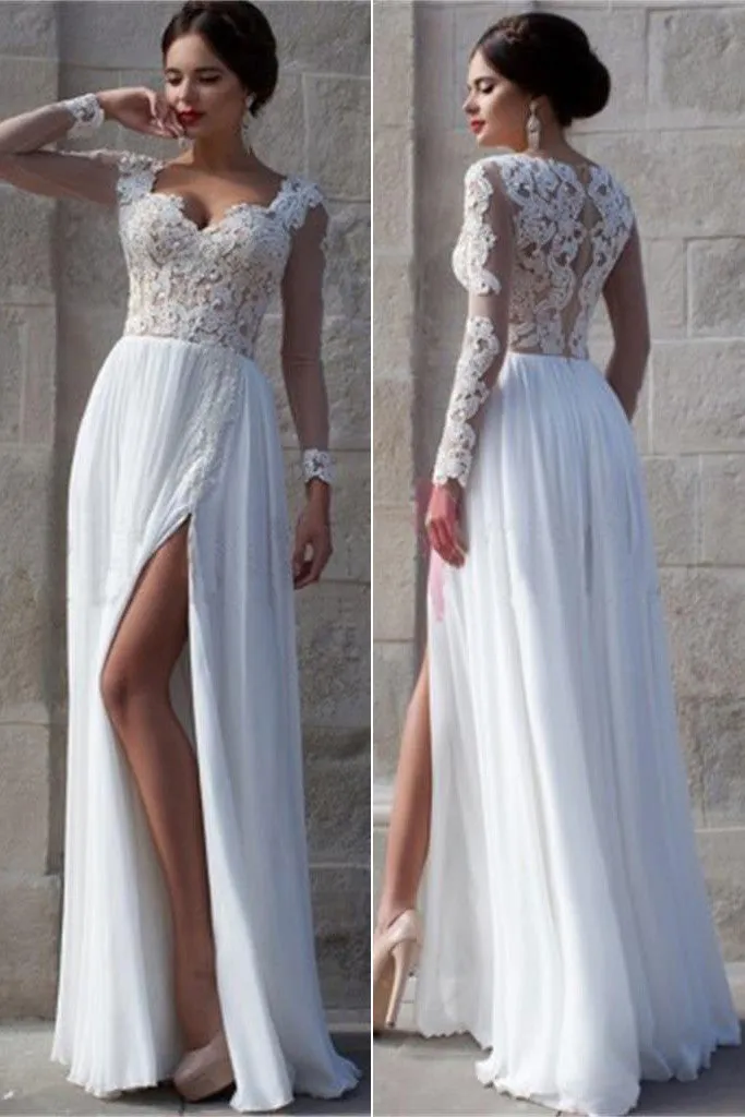 Elegant Prom Dresses,White Side Slit Prom Dresses,Cheap Wedding Dresses,SVD371