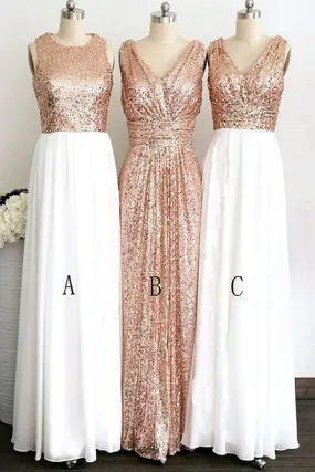 Elegant Rose Gold Pretty White Chiffon Charming Long Bridesmaid Dresses, BD75