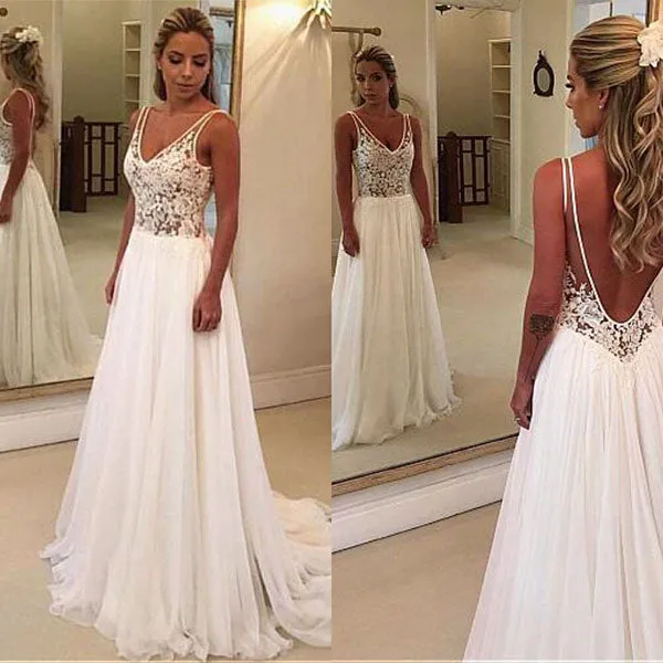 Elegant Simple White Lace A Line V Neck Open Back Long Wedding Dresses, SW334