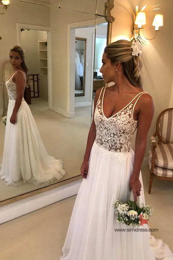 Elegant Simple White Lace A Line V Neck Open Back Long Wedding Dresses, SW334