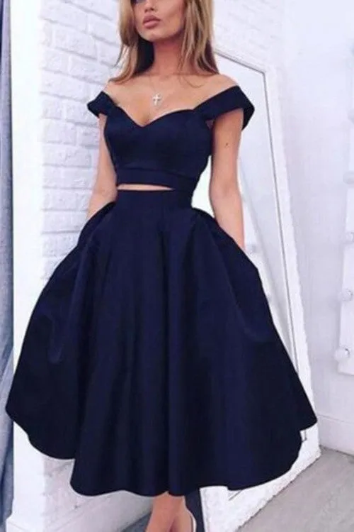 Elegant Two Pieces Off Shoulder Dark Navy Short Homecoming Party Dresses,SVD568