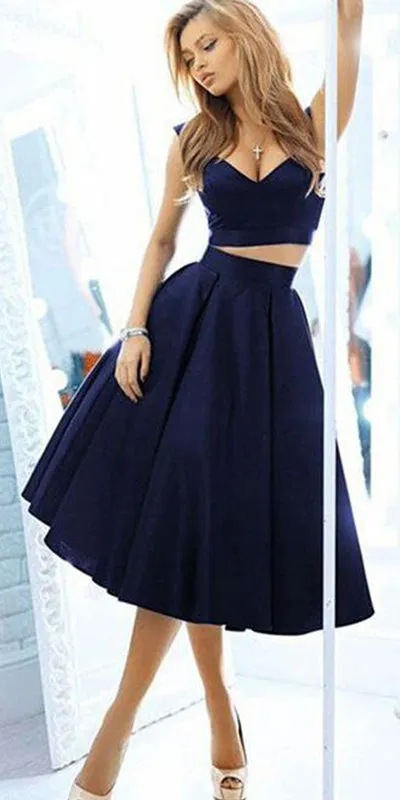 Elegant Two Pieces Off Shoulder Dark Navy Short Homecoming Party Dresses,SVD568