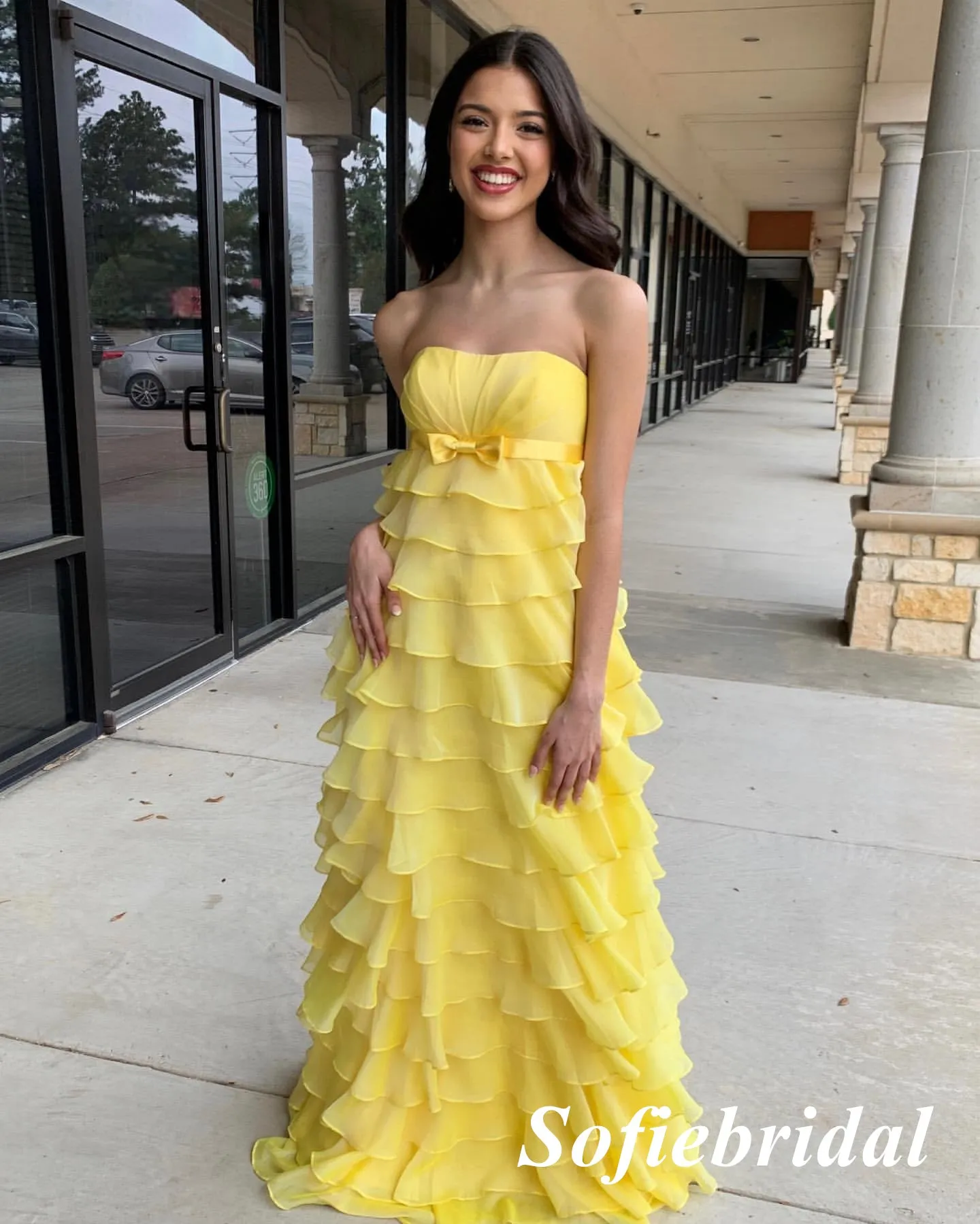 Elegant Yellow Chiffon Sweetheart A-Line Floor Length Prom Dress With Belt, PD01043