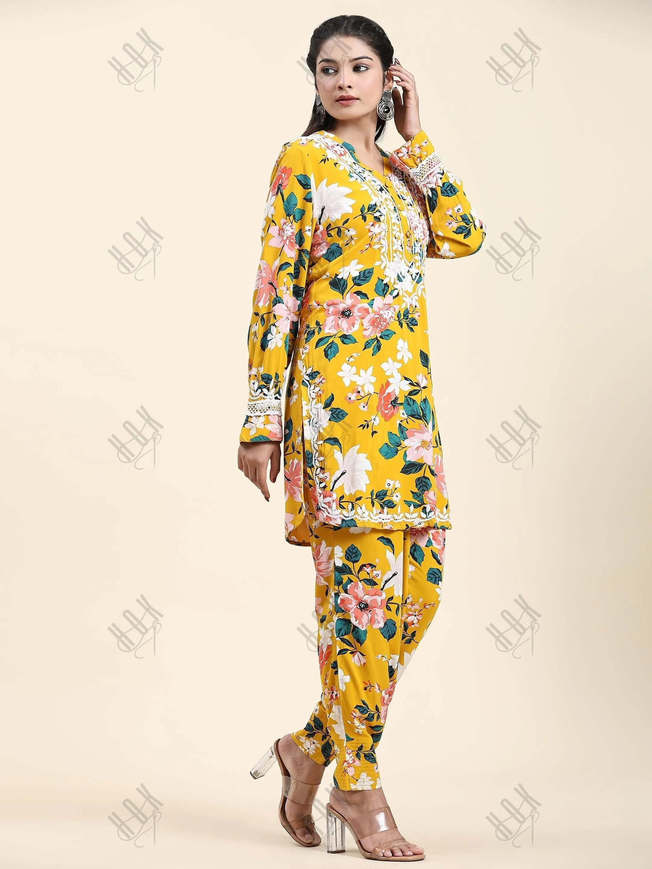 Farheen in Samma Chikankari Co-ord set in Printed Rayon Cotton for Women- Yellow