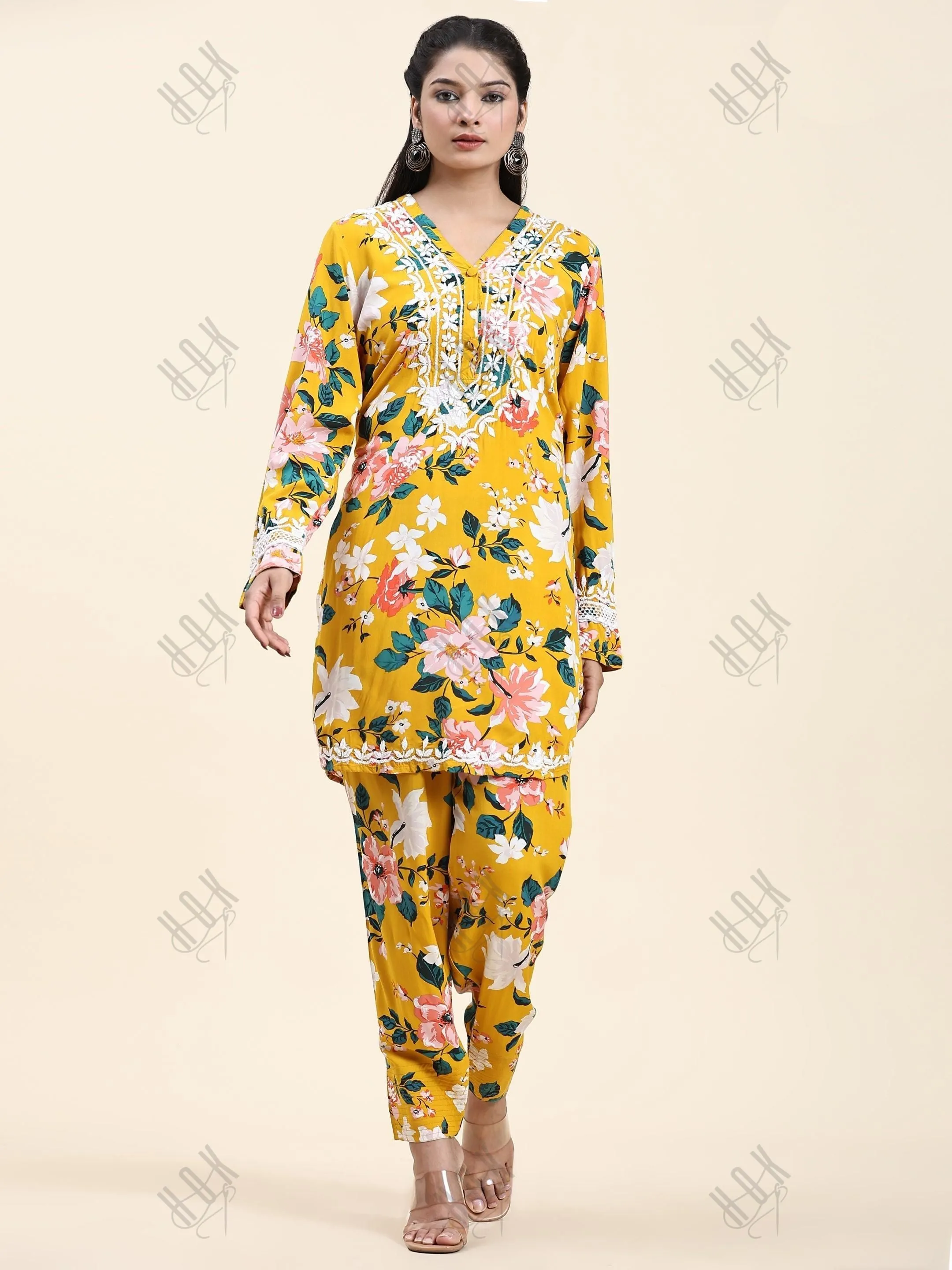 Farheen in Samma Chikankari Co-ord set in Printed Rayon Cotton for Women- Yellow