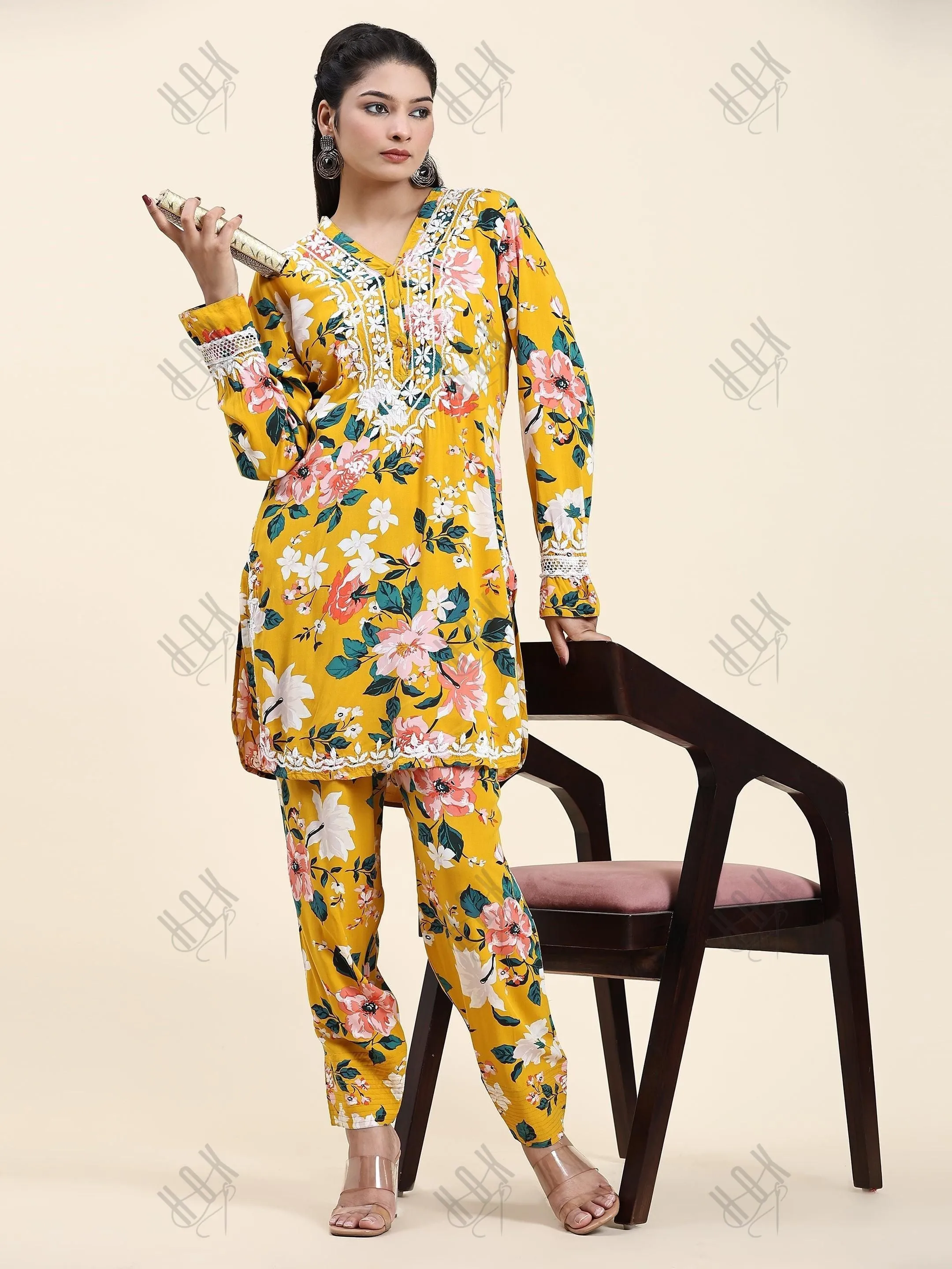 Farheen in Samma Chikankari Co-ord set in Printed Rayon Cotton for Women- Yellow