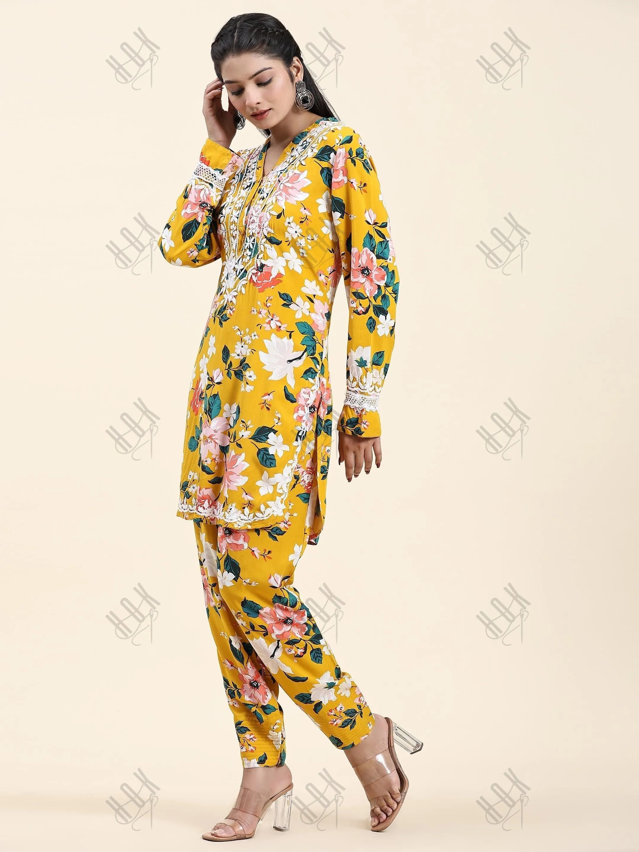 Farheen in Samma Chikankari Co-ord set in Printed Rayon Cotton for Women- Yellow