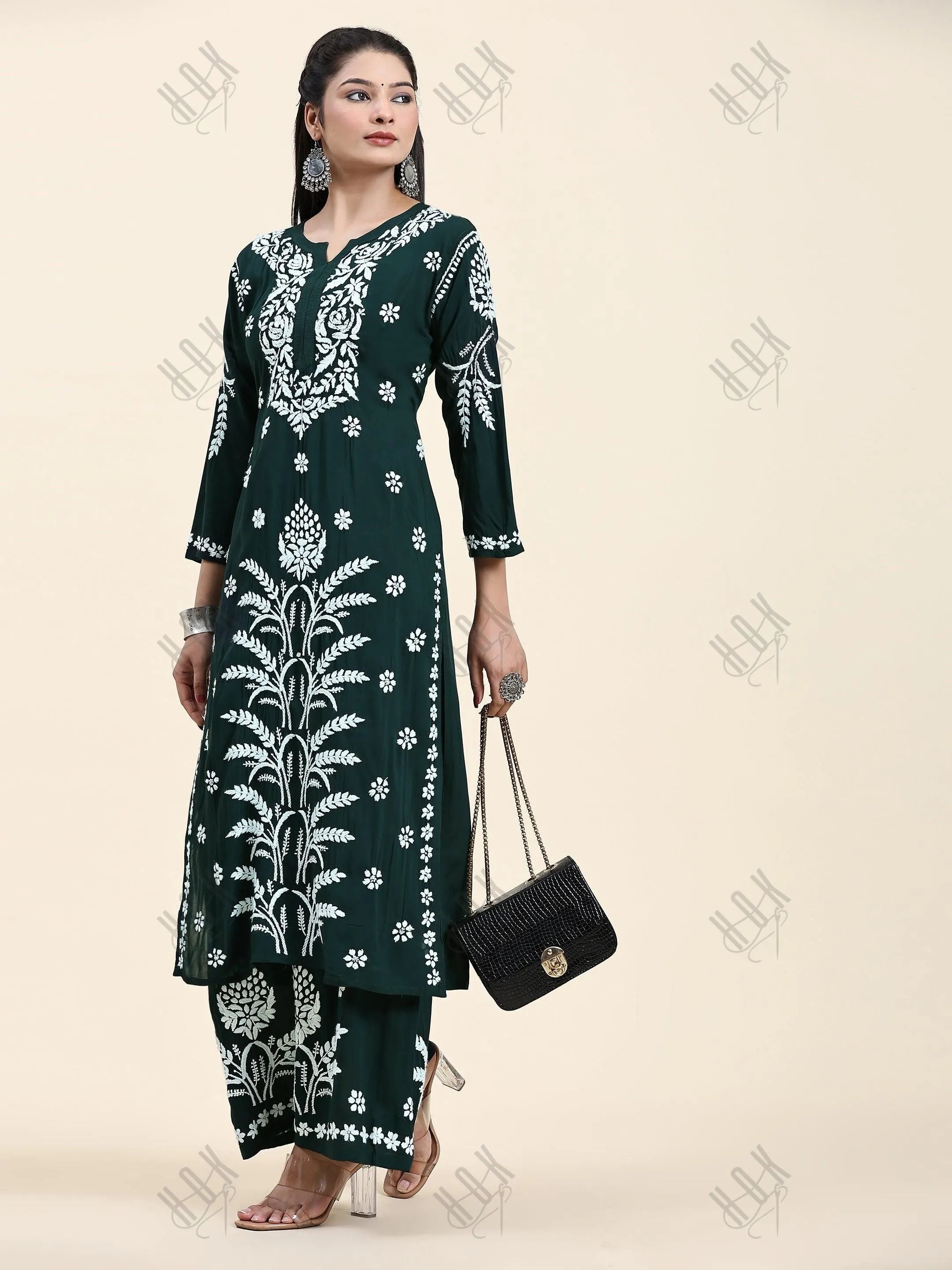 Fizaa Chikankari CO-ORD Set In Modal Cotton for Women In Green