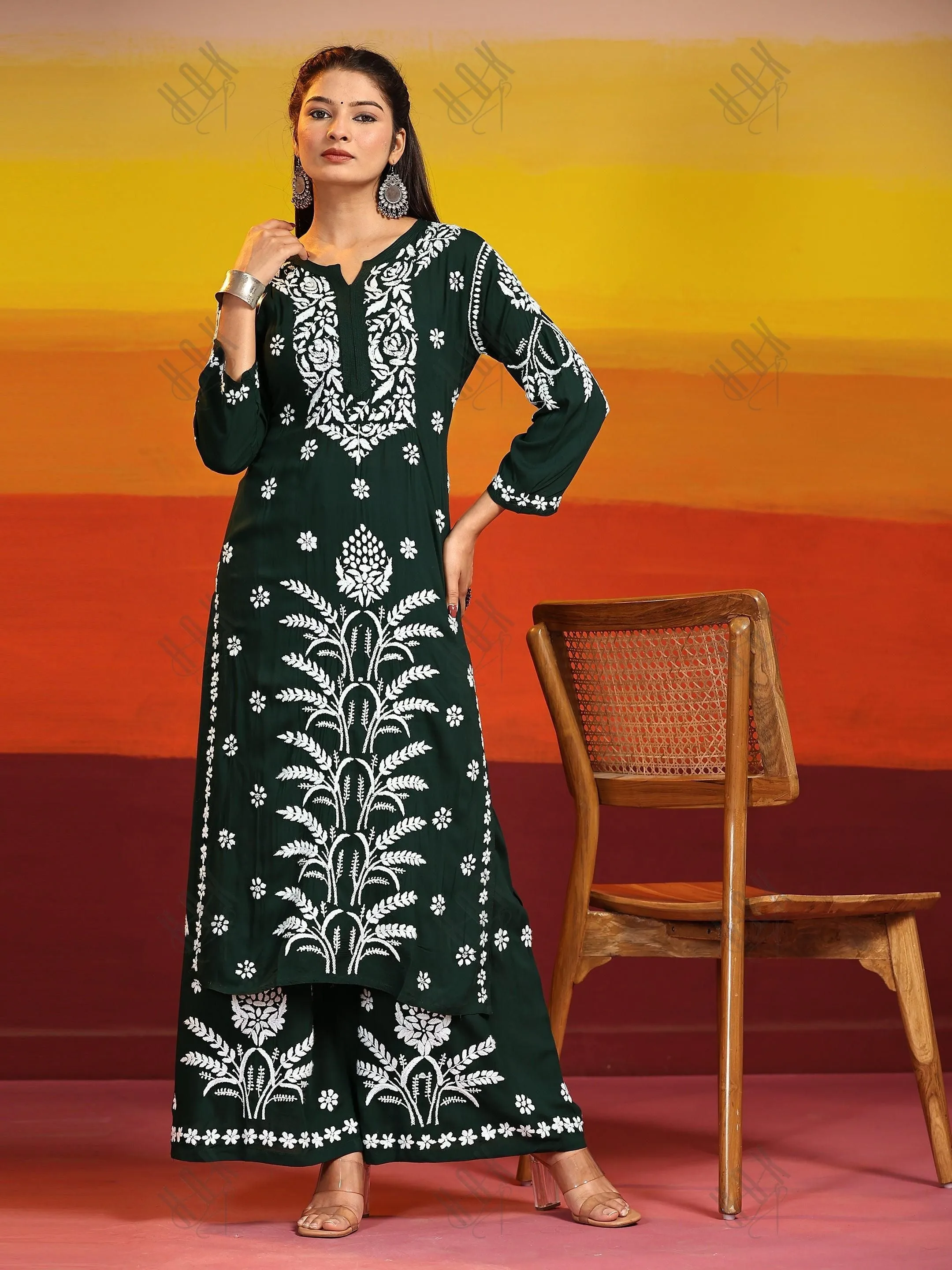 Fizaa Chikankari CO-ORD Set In Modal Cotton for Women In Green